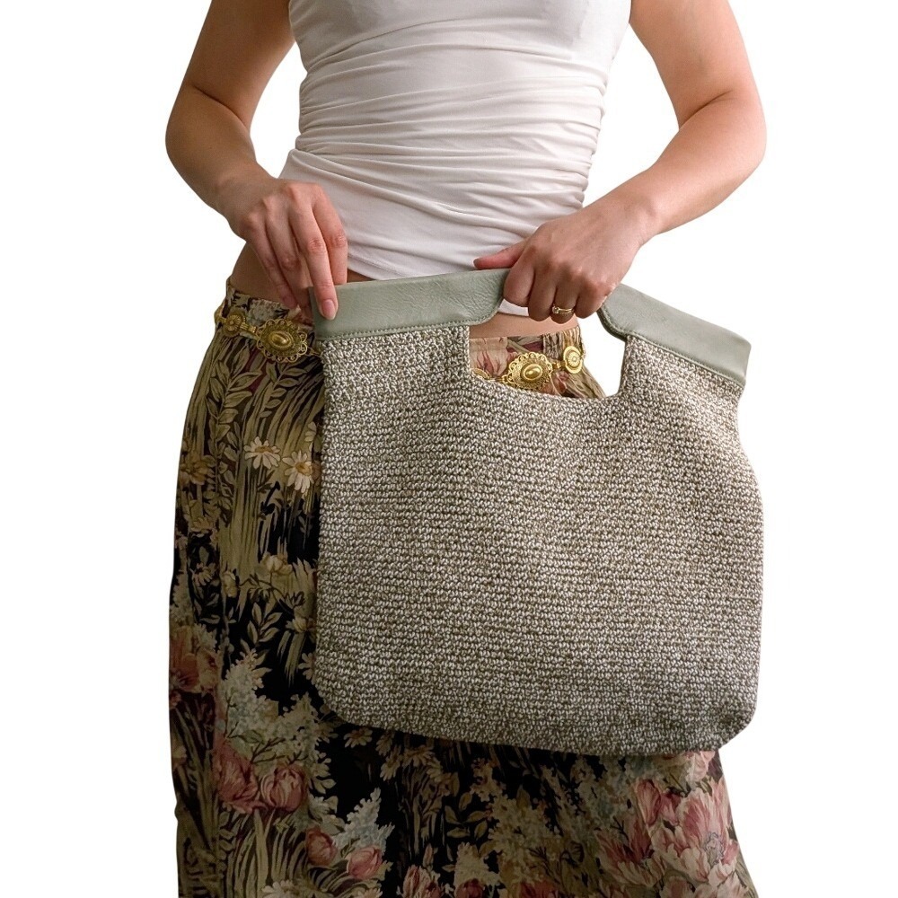 The Sak Earthy Whimsy Boho Pistachio Green Woven Raffia Leather Handle Tote Bag